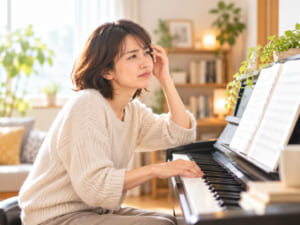 自宅でピアノ練習中に難しさを感じている女性
