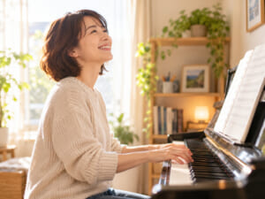 自宅でピアノを弾きながら笑顔を見せる女性